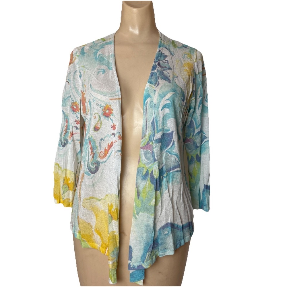 Chicos Open Front Cardigan Size 1 US M White Watercolor Floral Swirl Multicolor